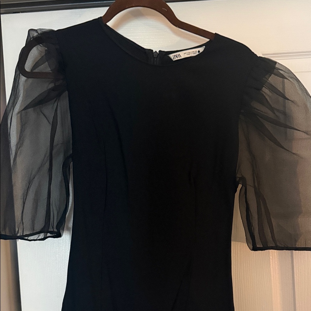 Zara Black Dress with Sheer Puff Sleeves